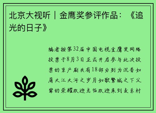 北京大视听｜金鹰奖参评作品：《追光的日子》