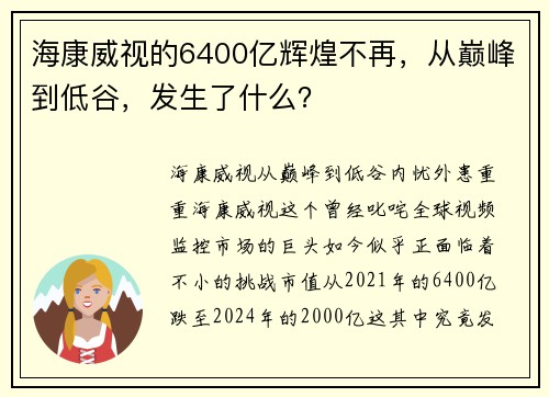 海康威视的6400亿辉煌不再，从巅峰到低谷，发生了什么？