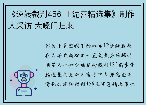 《逆转裁判456 王泥喜精选集》制作人采访 大嗓门归来