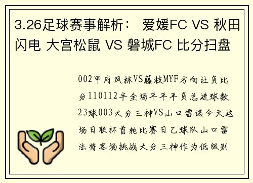 3.26足球赛事解析： 爱媛FC VS 秋田闪电 大宫松鼠 VS 磐城FC 比分扫盘