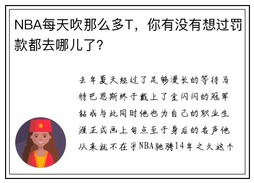 NBA每天吹那么多T，你有没有想过罚款都去哪儿了？