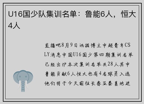 U16国少队集训名单：鲁能6人，恒大4人