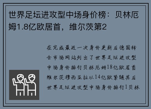 世界足坛进攻型中场身价榜：贝林厄姆1.8亿欧居首，维尔茨第2