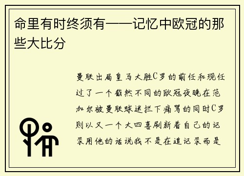 命里有时终须有——记忆中欧冠的那些大比分