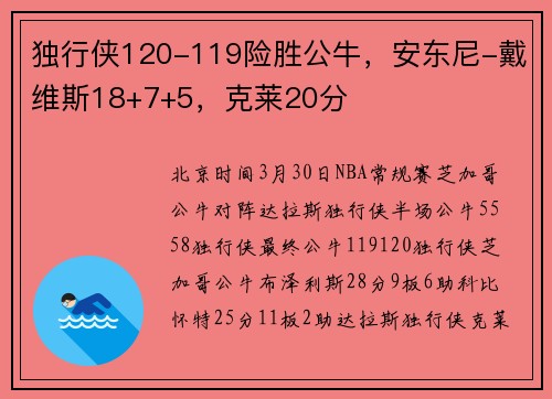 独行侠120-119险胜公牛，安东尼-戴维斯18+7+5，克莱20分