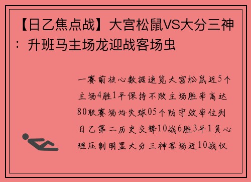 【日乙焦点战】大宫松鼠VS大分三神：升班马主场龙迎战客场虫