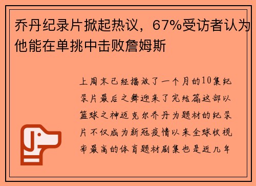 乔丹纪录片掀起热议，67%受访者认为他能在单挑中击败詹姆斯