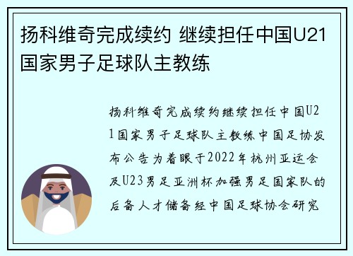 扬科维奇完成续约 继续担任中国U21国家男子足球队主教练